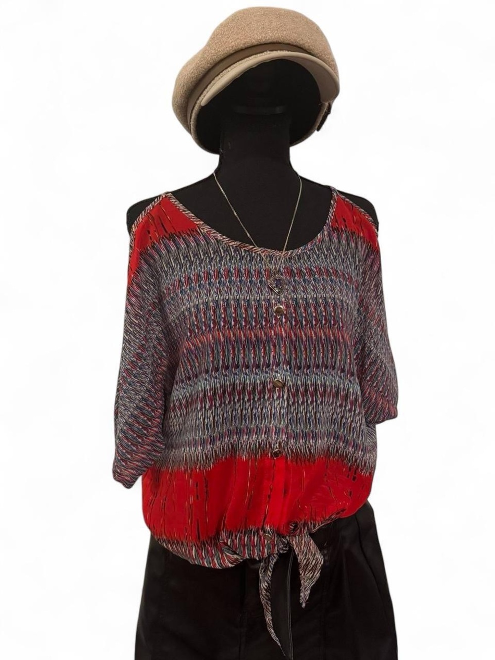Women’s Red Patterned Cold-Shoulder Blouse with Tie Front